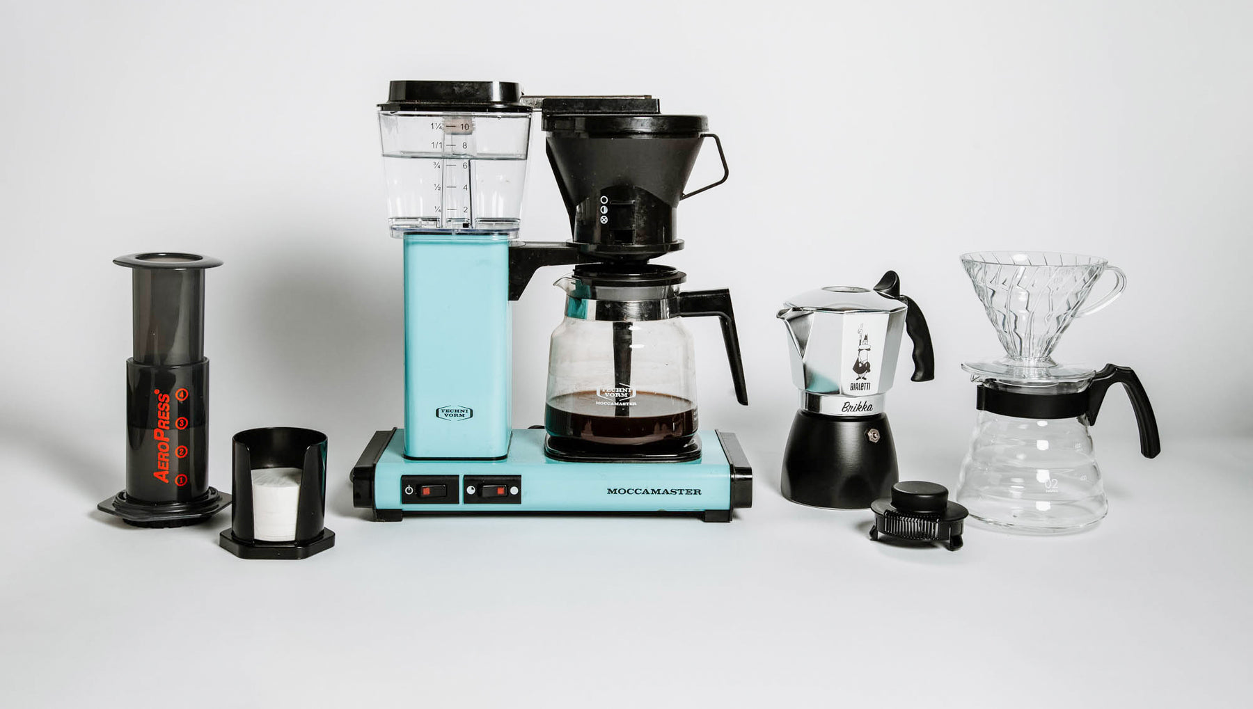 line up of coffee makers